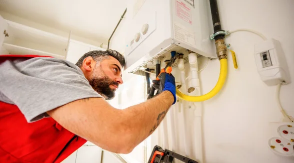 یک مهندس گرمایش در حال بازرسی پکیج خانگی